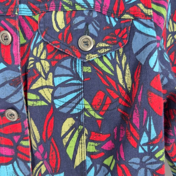 🌺 Multi-Color Floral Tropical Print Denim Jacket Resort Wear Vacation Chic Sz 12 - Picture 10 of 15
